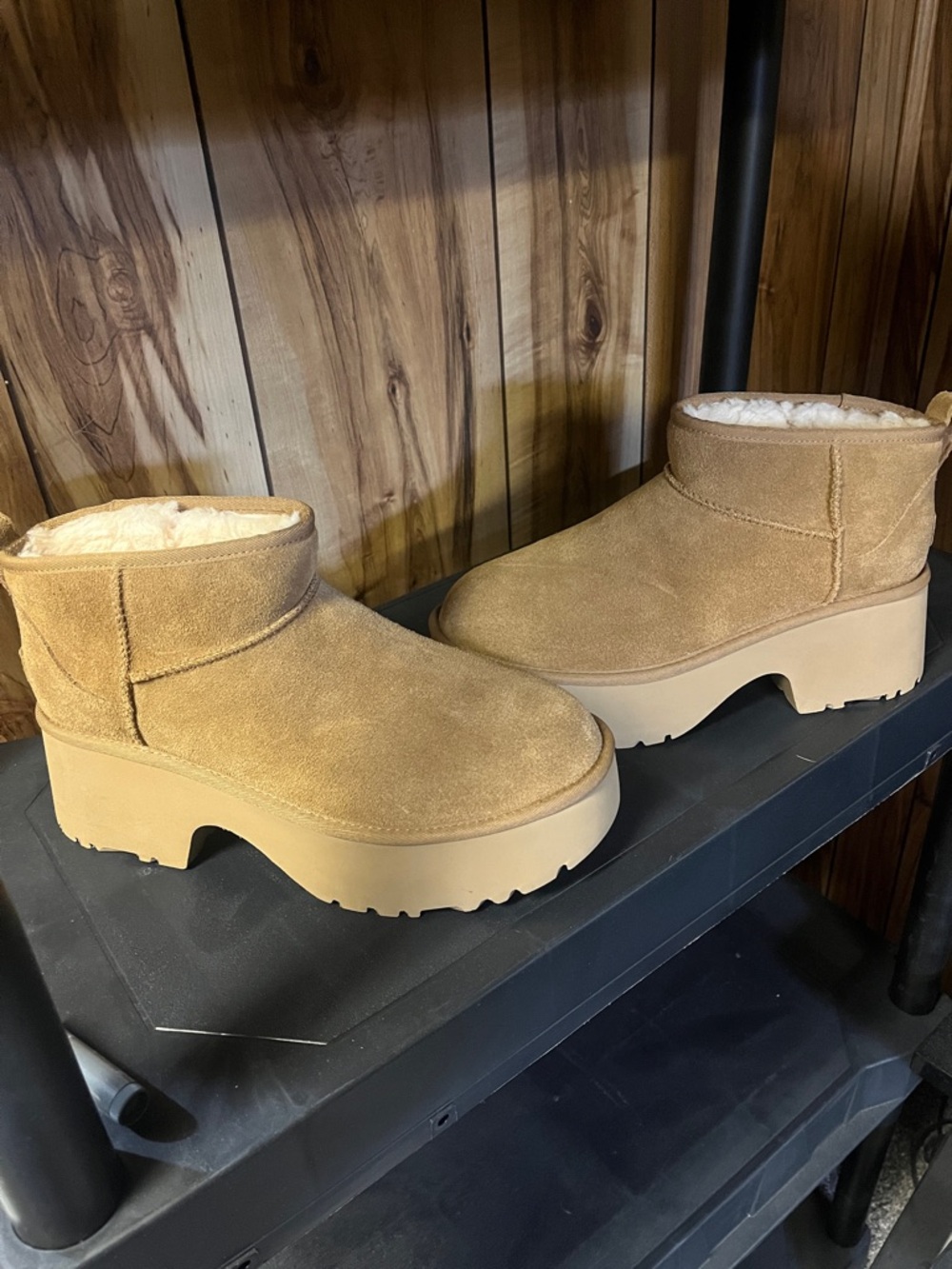 UGG Chestnut Suede Platform Ankle Booties with Shearling